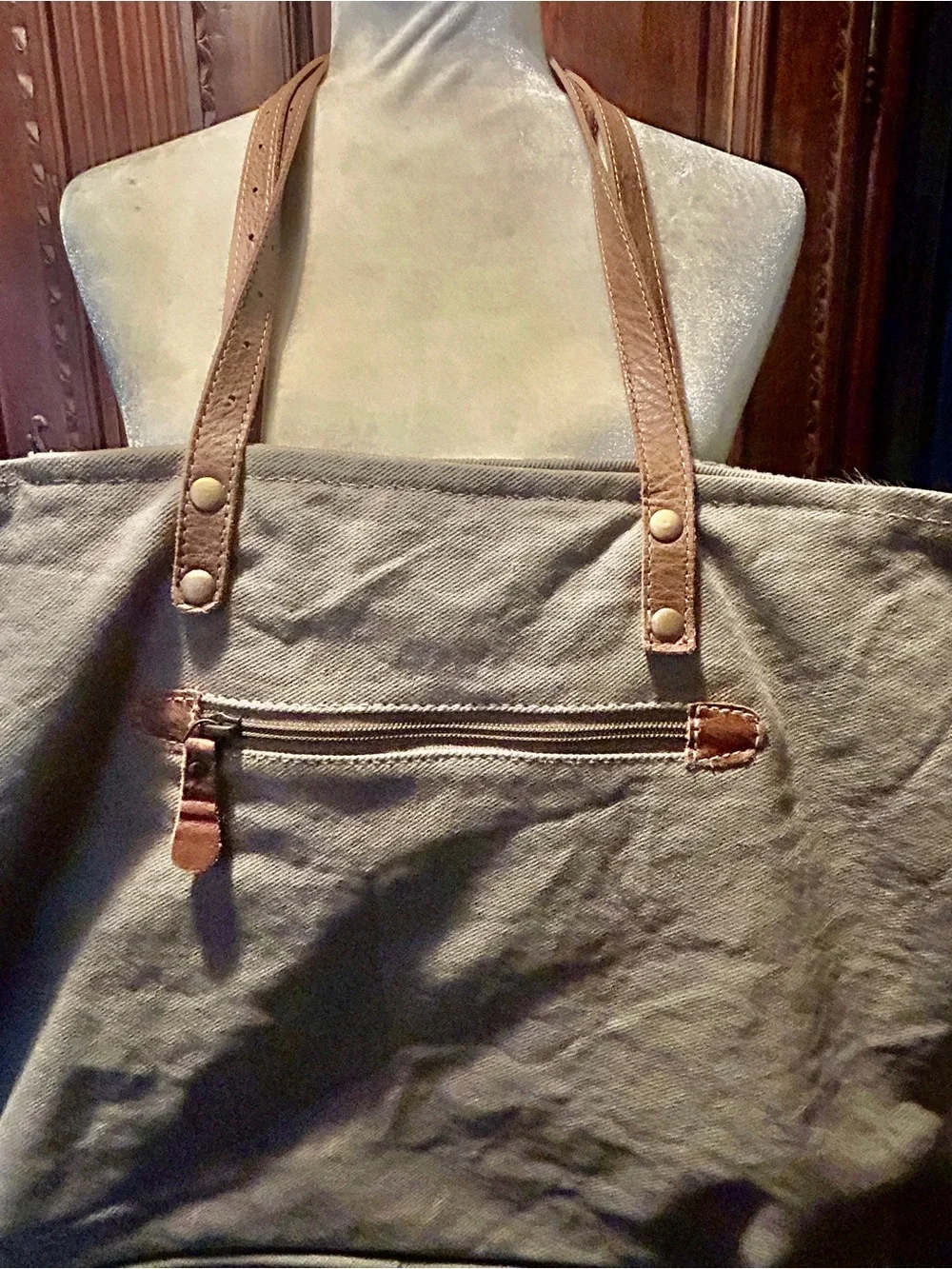 Myra Bag Gray and Brown Patterned Tote with Leather Straps